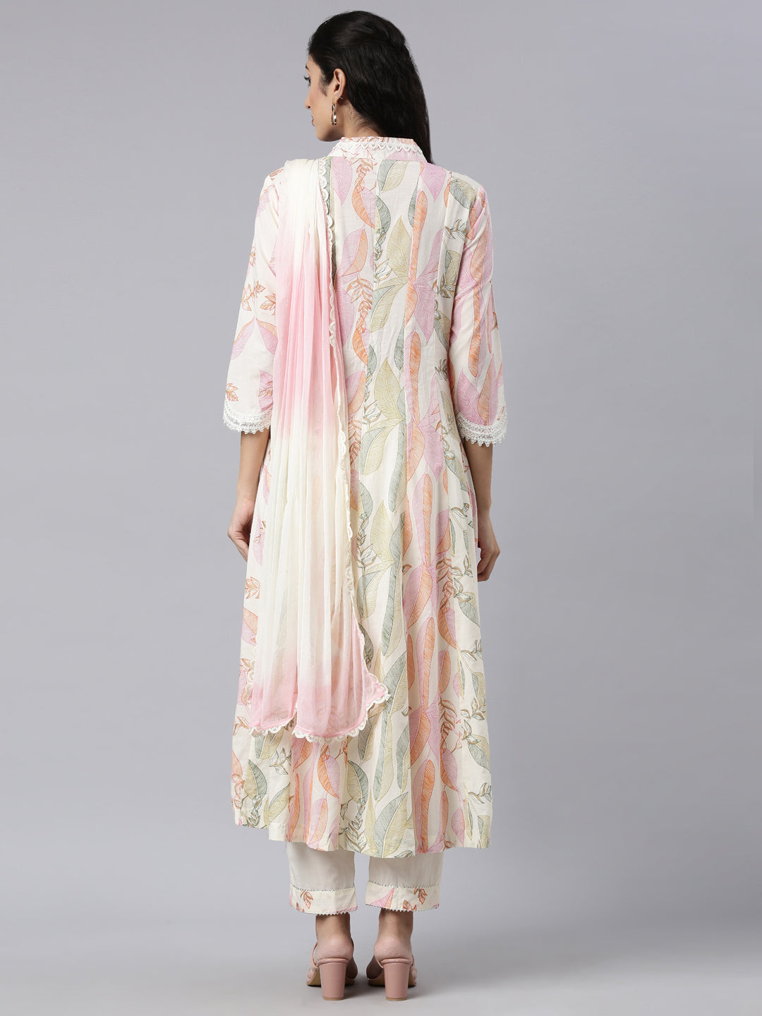 Neerus Beige panelled straight suit set kurta trouser dupatta - side view