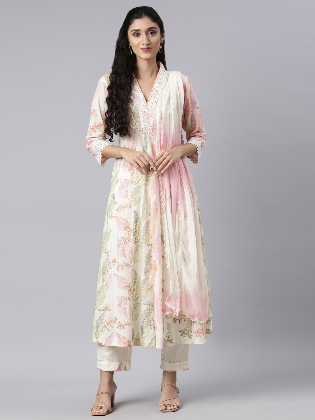 Neerus Cream Panelled Straight Kurta and Trousers With Dupatta