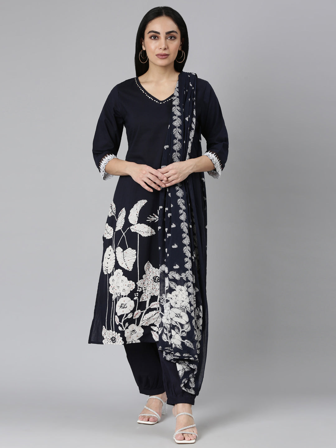 Neerus Blue solid straight suit set kurta trouser dupatta - front view