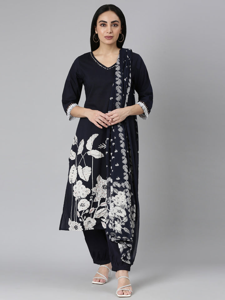 Neerus Blue solid straight suit set kurta trouser dupatta - front view