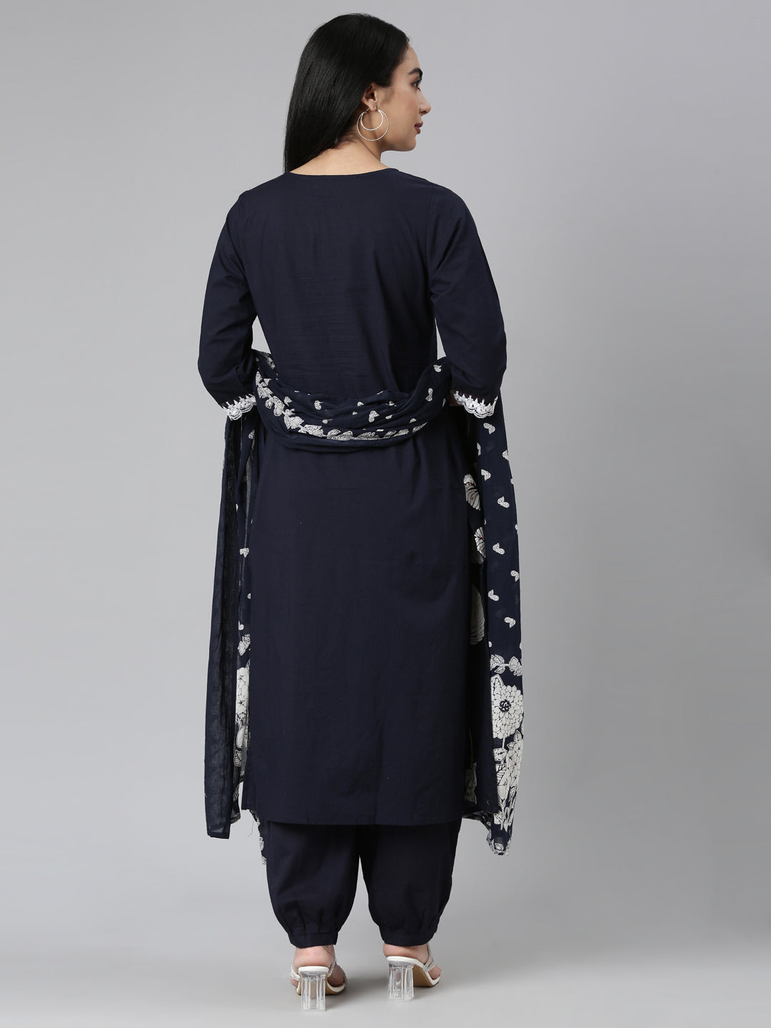 Neerus Blue solid straight suit set kurta trouser dupatta - side view