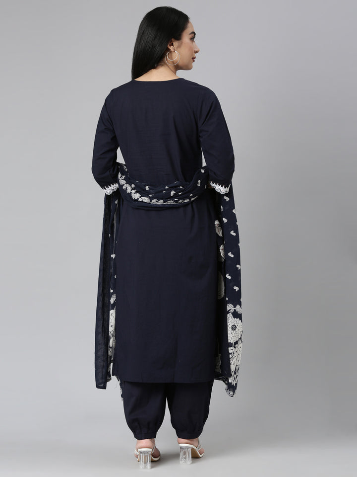 Neerus Blue solid straight suit set kurta trouser dupatta - side view