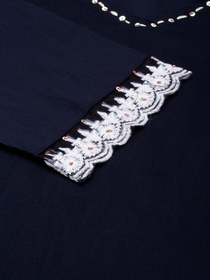 Neerus Blue solid straight suit set kurta trouser dupatta - detail view 1