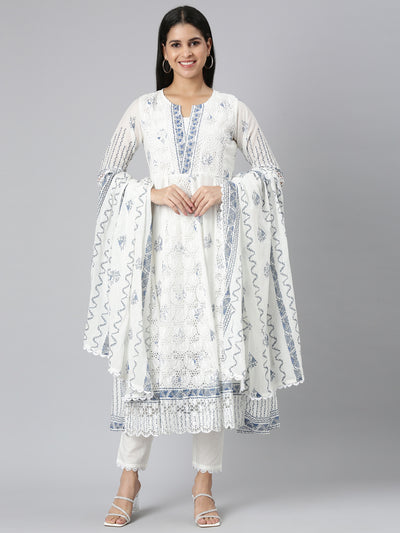 Neerus Blue Panelled Curved Printed Kurta and Trousers With Dupatta