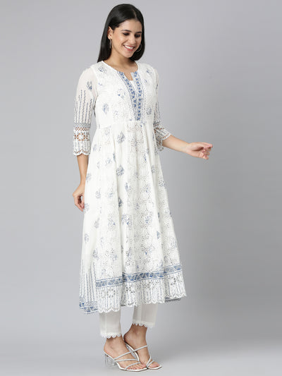 Neerus Blue Panelled Curved Printed Kurta and Trousers With Dupatta