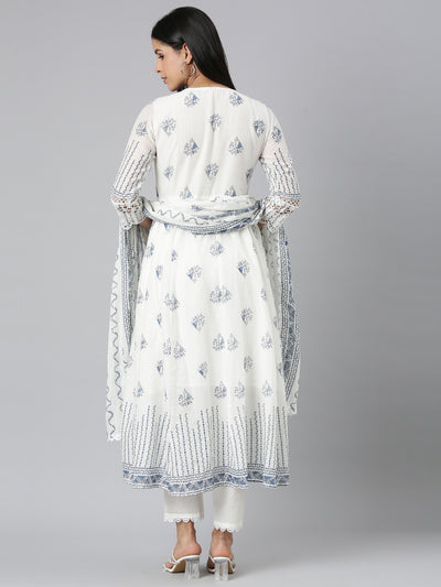 Neerus Blue Panelled Curved Printed Kurta and Trousers With Dupatta