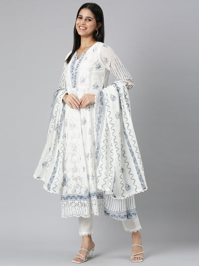 Neerus Blue Panelled Curved Printed Kurta and Trousers With Dupatta