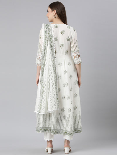 Neerus Green Panelled Curved Printed Kurta and Trousers With Dupatta
