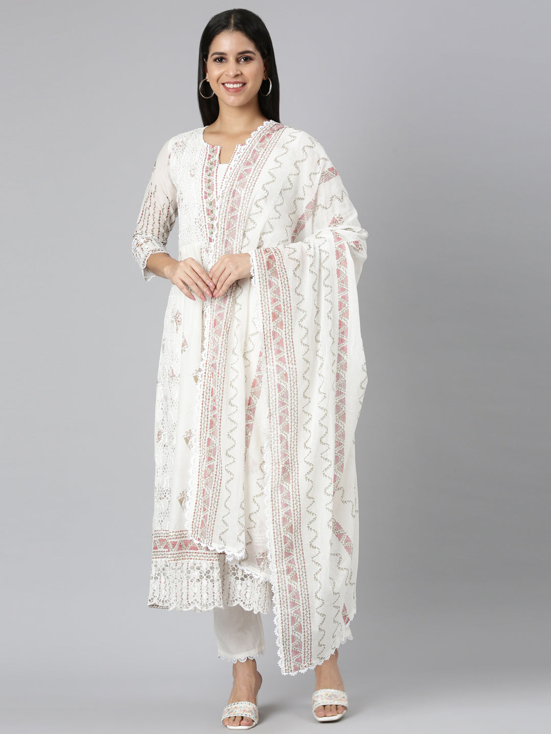Neerus Red Panelled Curved Printed Kurta and Trousers With Dupatta