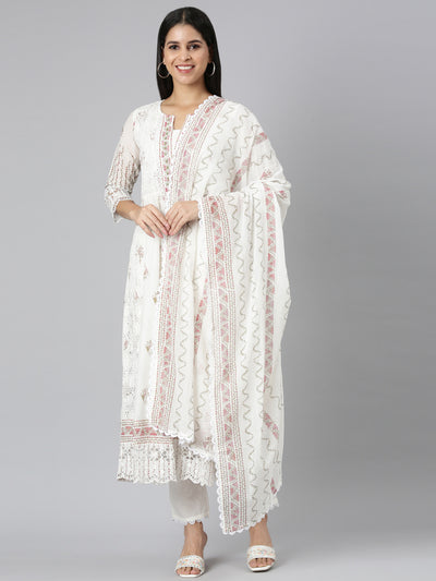 Neerus Red Panelled Curved Printed Kurta and Trousers With Dupatta