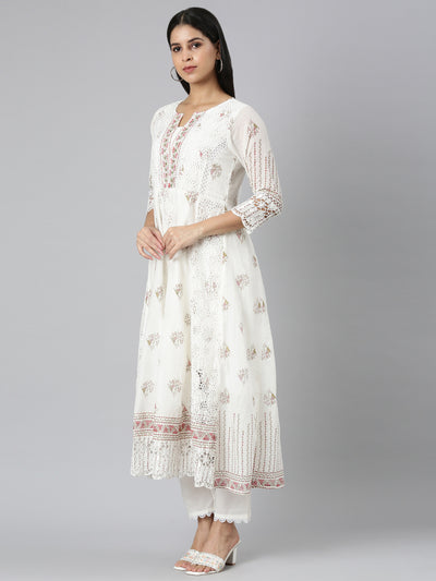 Neerus Red Panelled Curved Printed Kurta and Trousers With Dupatta