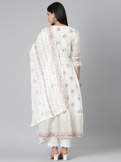 Neerus Red Panelled Curved Printed Kurta and Trousers With Dupatta