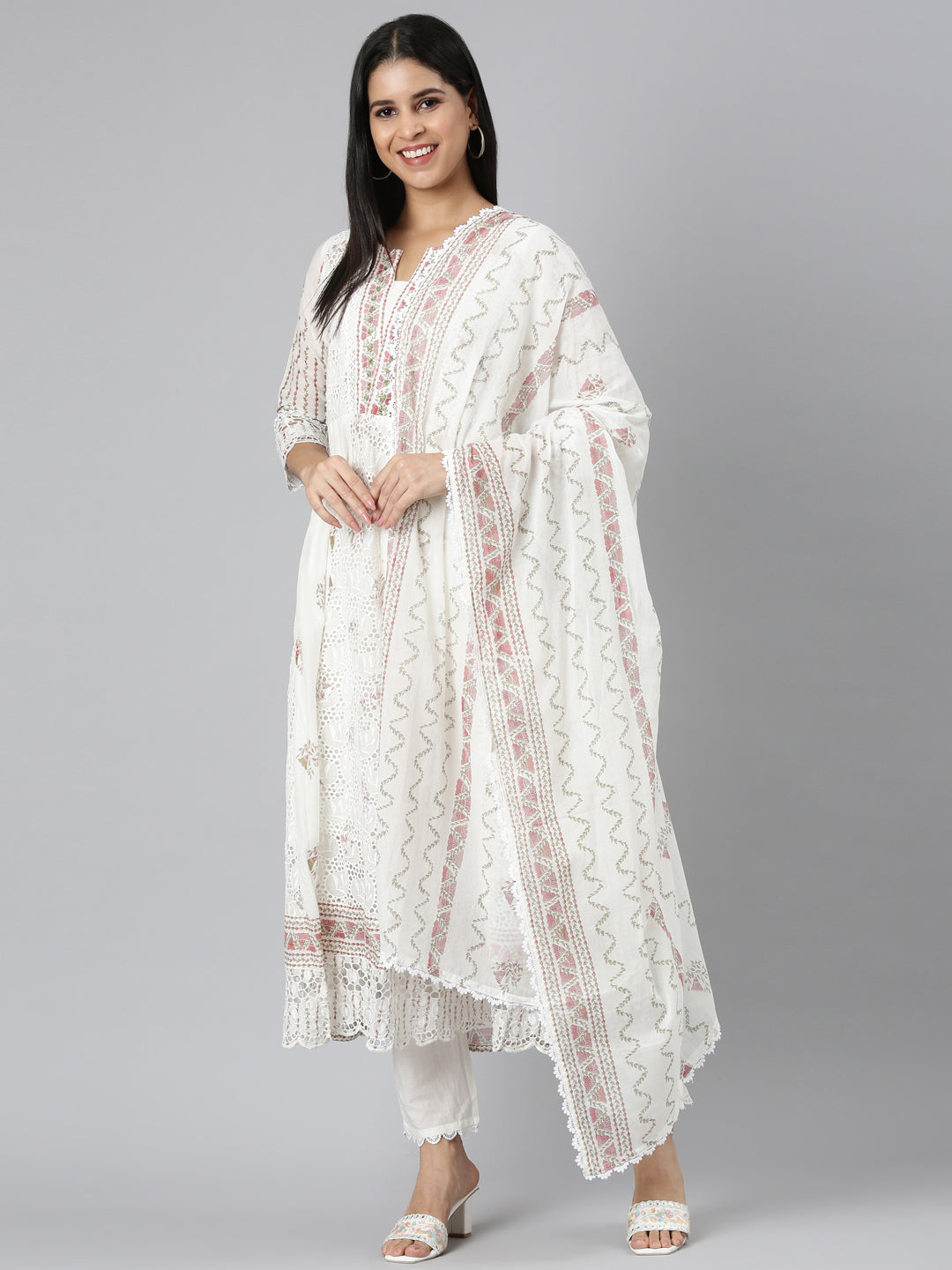 Neerus Red Panelled Curved Printed Kurta and Trousers With Dupatta