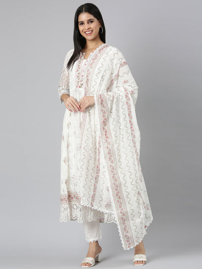 Neerus Red Panelled Curved Printed Kurta and Trousers With Dupatta
