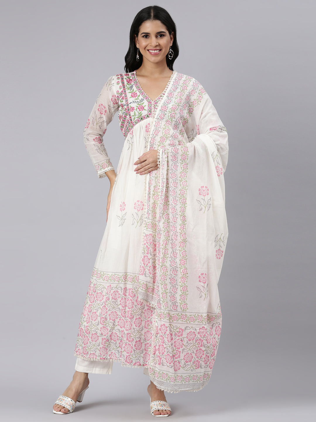 Neerus Cream Pleated Straight Printed Kurta and Palazzos With Dupatta