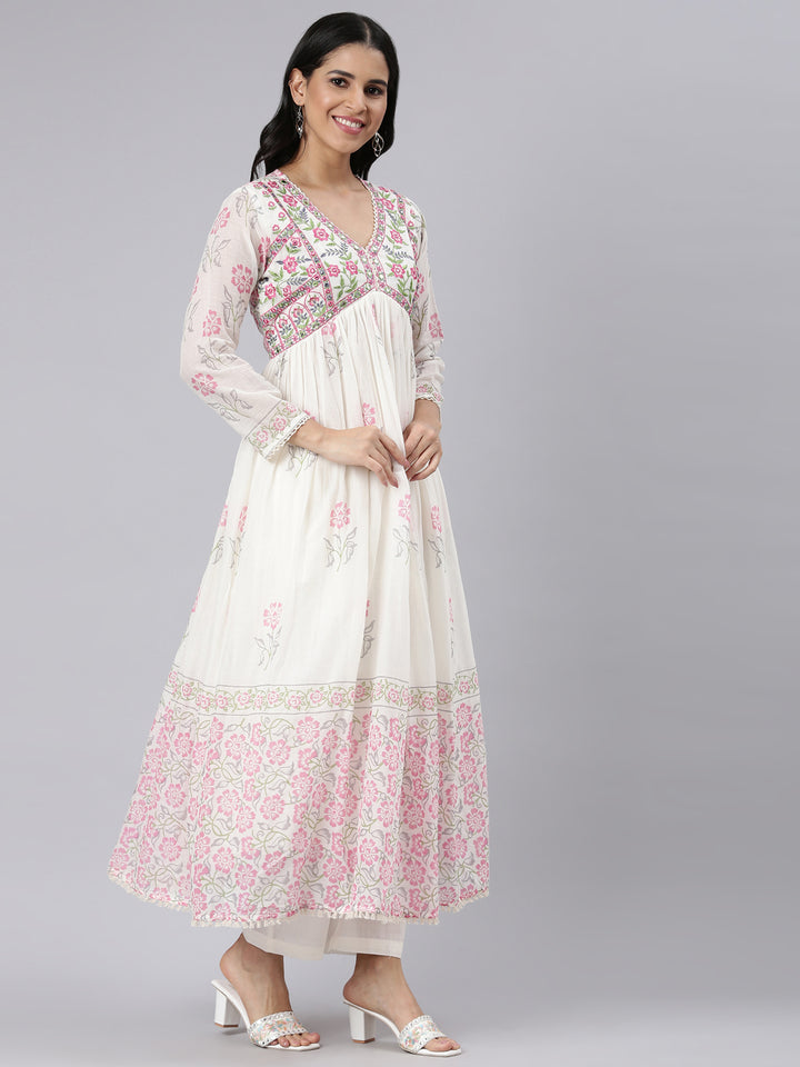 Neerus Cream Pleated Straight Printed Kurta and Palazzos With Dupatta