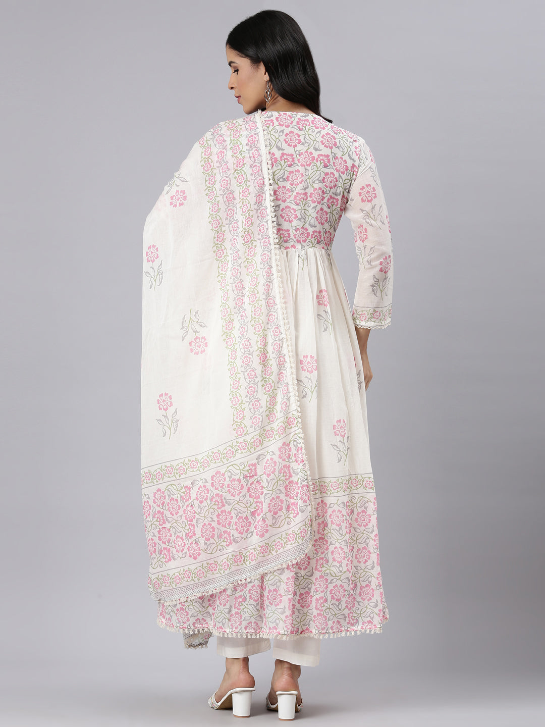 Neerus Cream Pleated Straight Printed Kurta and Palazzos With Dupatta
