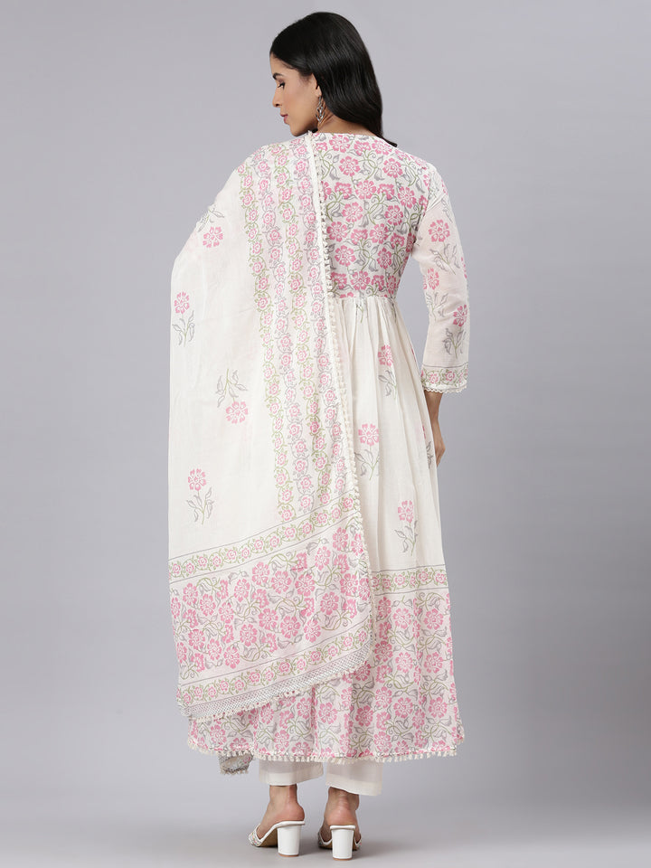 Neerus Cream Pleated Straight Printed Kurta and Palazzos With Dupatta
