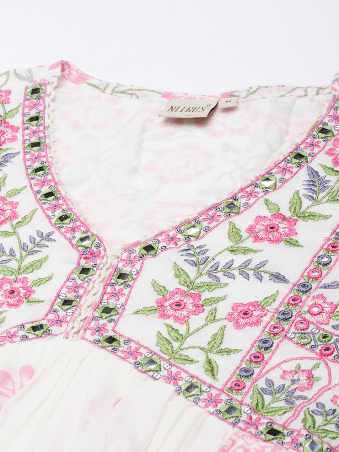 Neerus Cream Pleated Straight Printed Kurta and Palazzos With Dupatta