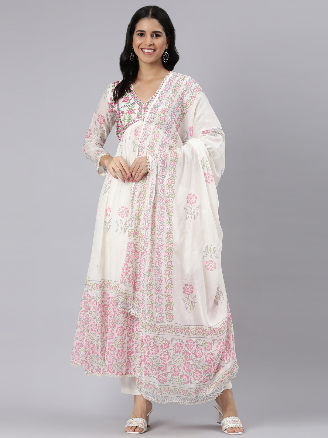 Neerus Cream Pleated Straight Printed Kurta and Palazzos With Dupatta
