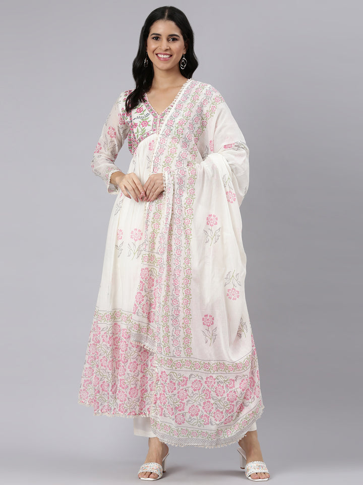Neerus Cream Pleated Straight Printed Kurta and Palazzos With Dupatta