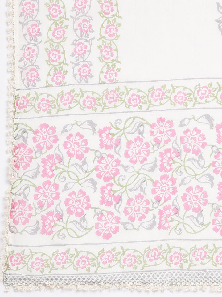 Neerus Cream Pleated Straight Printed Kurta and Palazzos With Dupatta