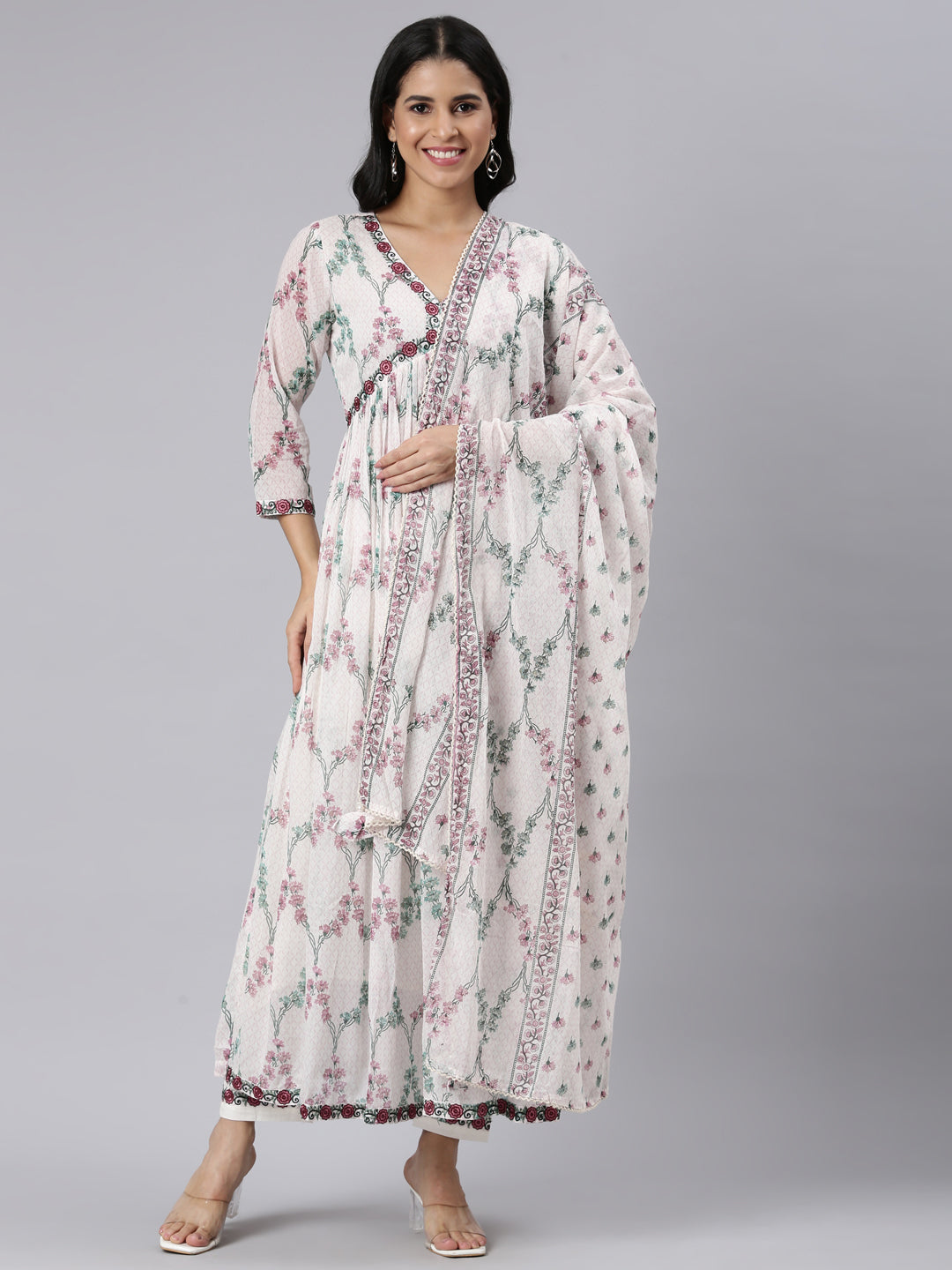 Neerus White printed straight suit set with palazzo and dupatta - front view