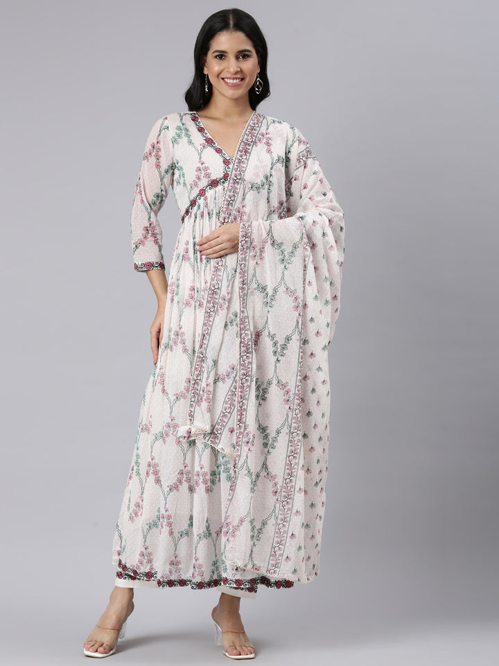 Neerus White printed straight suit set with palazzo and dupatta - front view