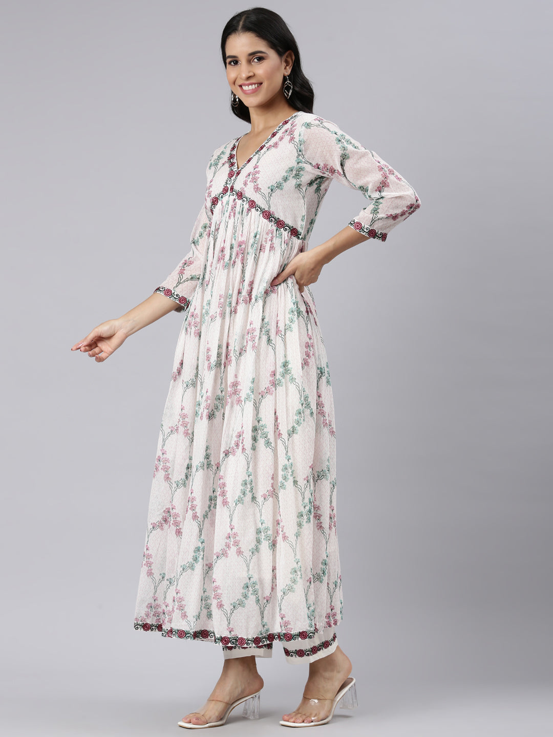 Neerus White printed straight suit set with palazzo and dupatta - back view
