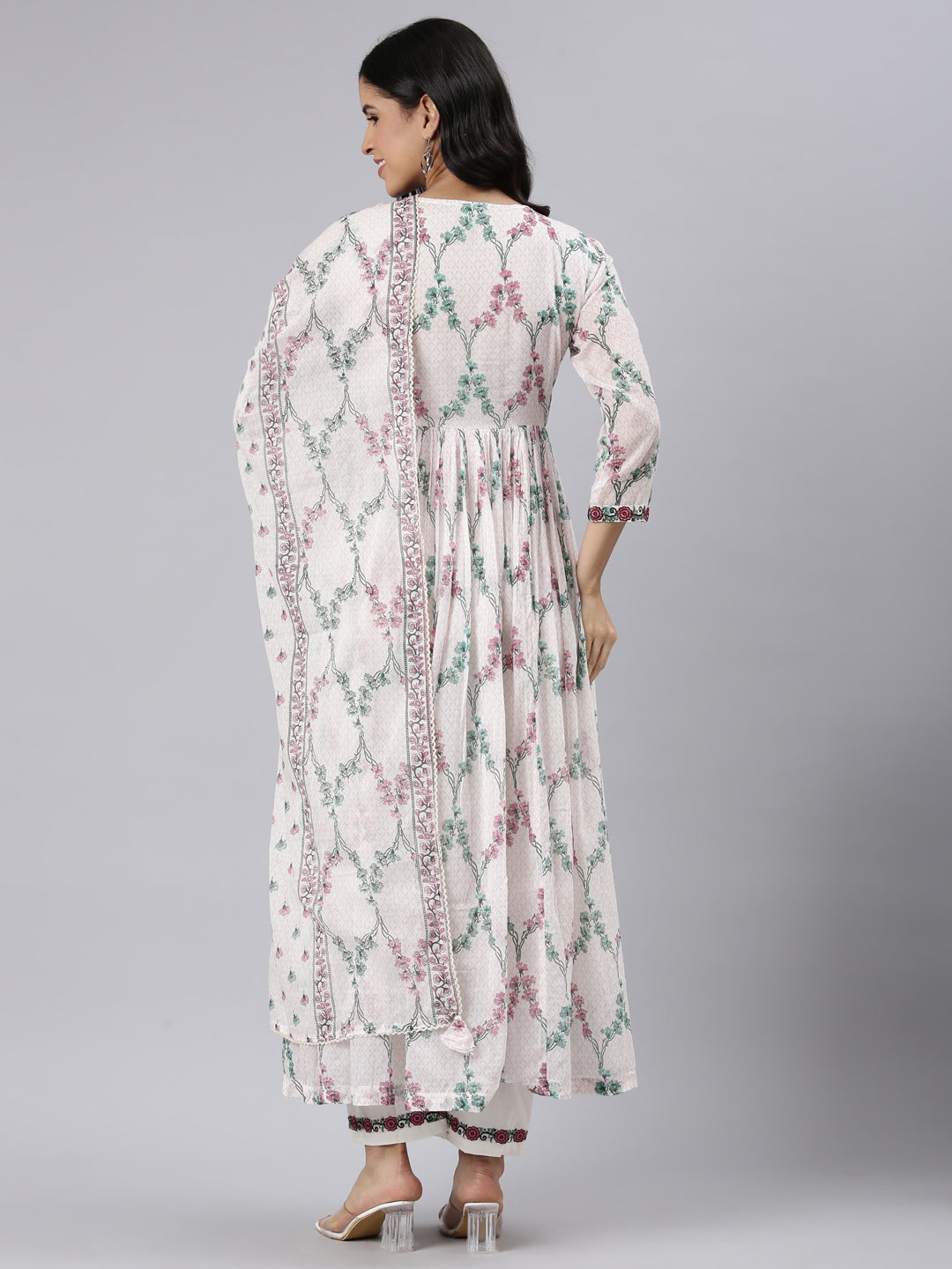 Neerus White printed straight suit set with palazzo and dupatta - side view