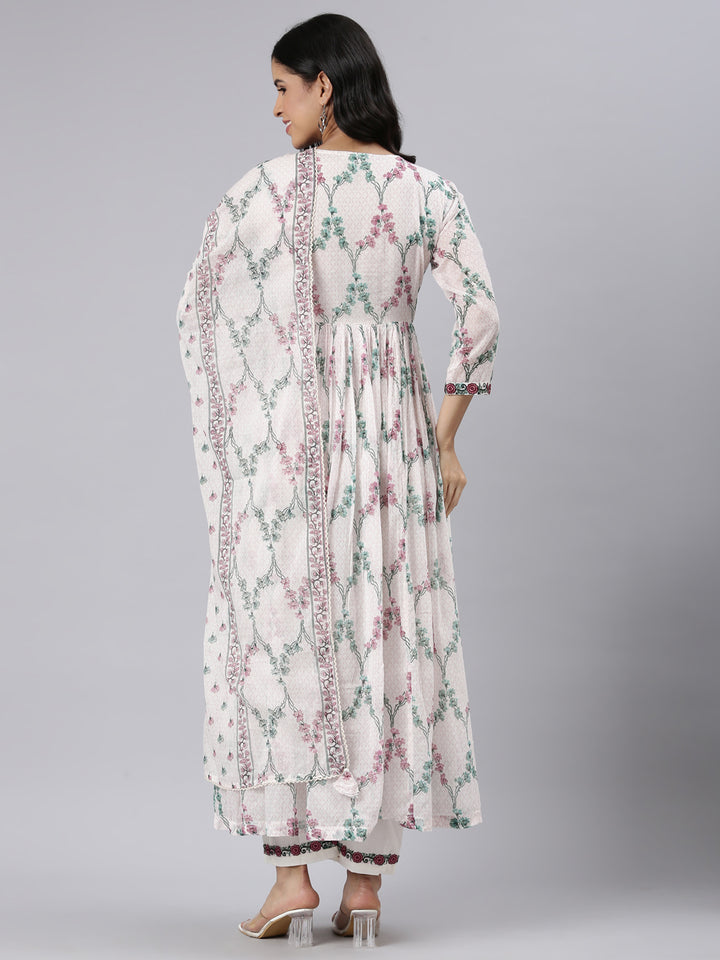Neerus White printed straight suit set with palazzo and dupatta - side view