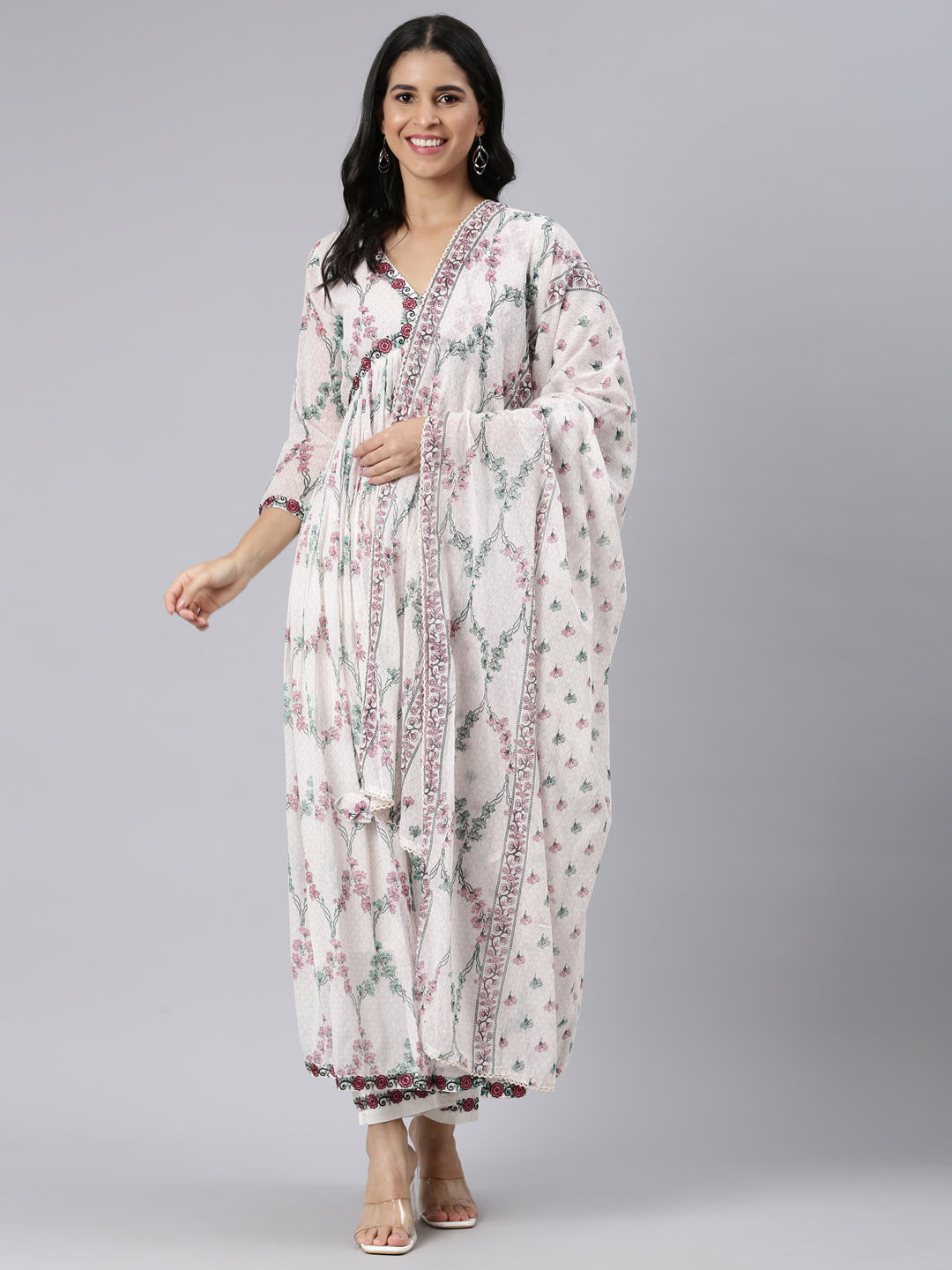 Neerus White printed straight suit set with palazzo and dupatta - detail view 2