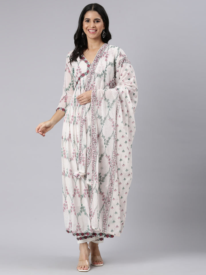 Neerus White printed straight suit set with palazzo and dupatta - detail view 2