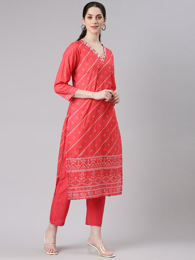 Neerus Women Red Straight Kurta and Trousers With Dupatta