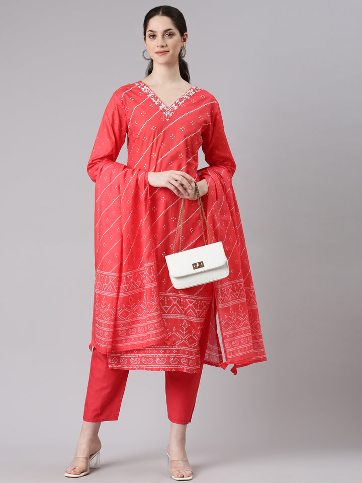 Neerus Women Red Straight Kurta and Trousers With Dupatta
