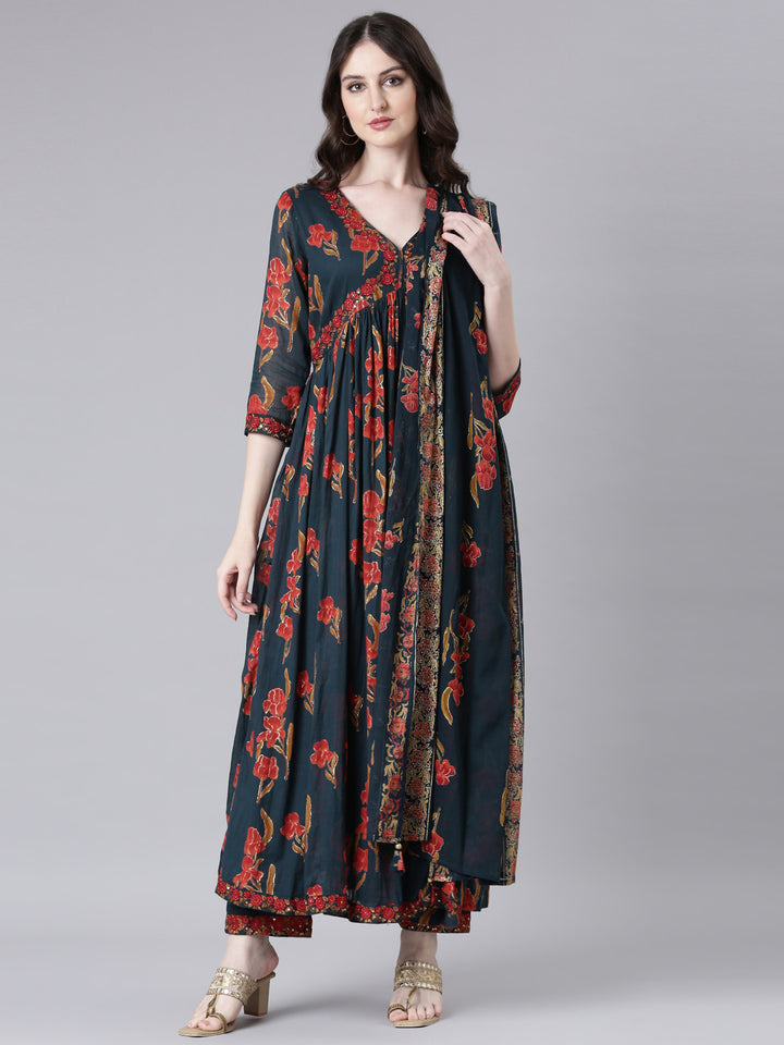 Neerus Green Printed Anarkali Kurta and Trousers With Dupatta