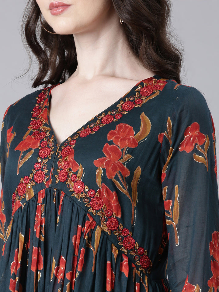 Neerus Green Printed Anarkali Kurta and Trousers With Dupatta