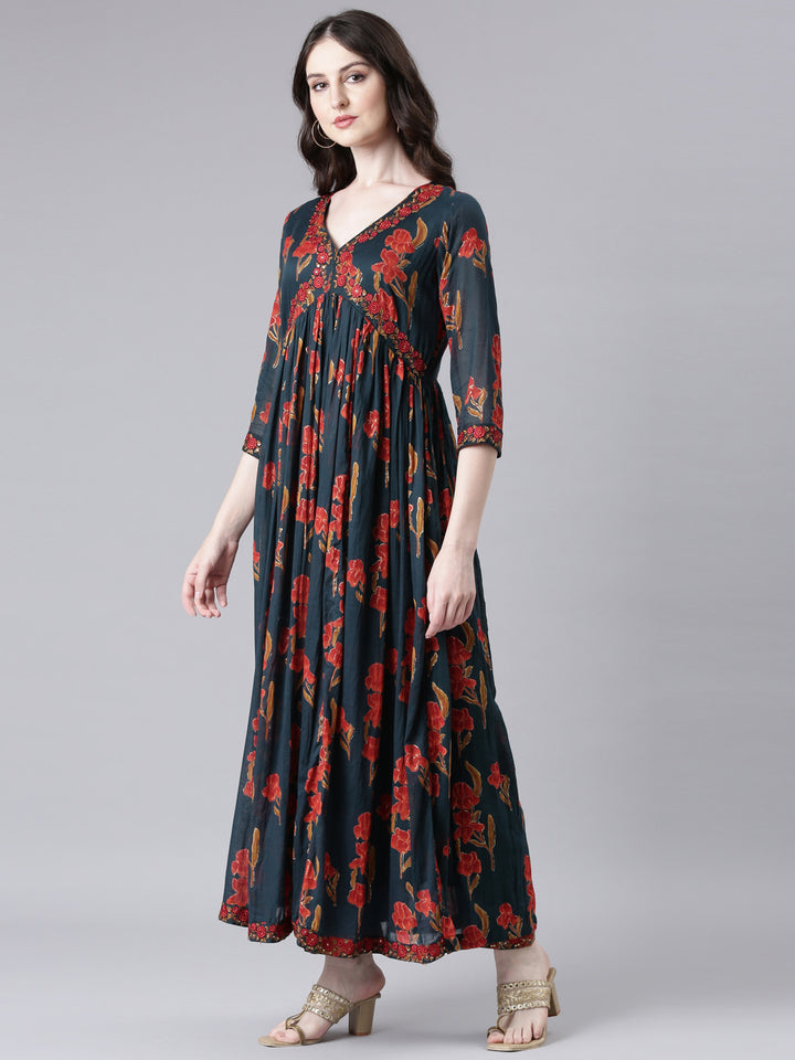 Neerus Green Printed Anarkali Kurta and Trousers With Dupatta