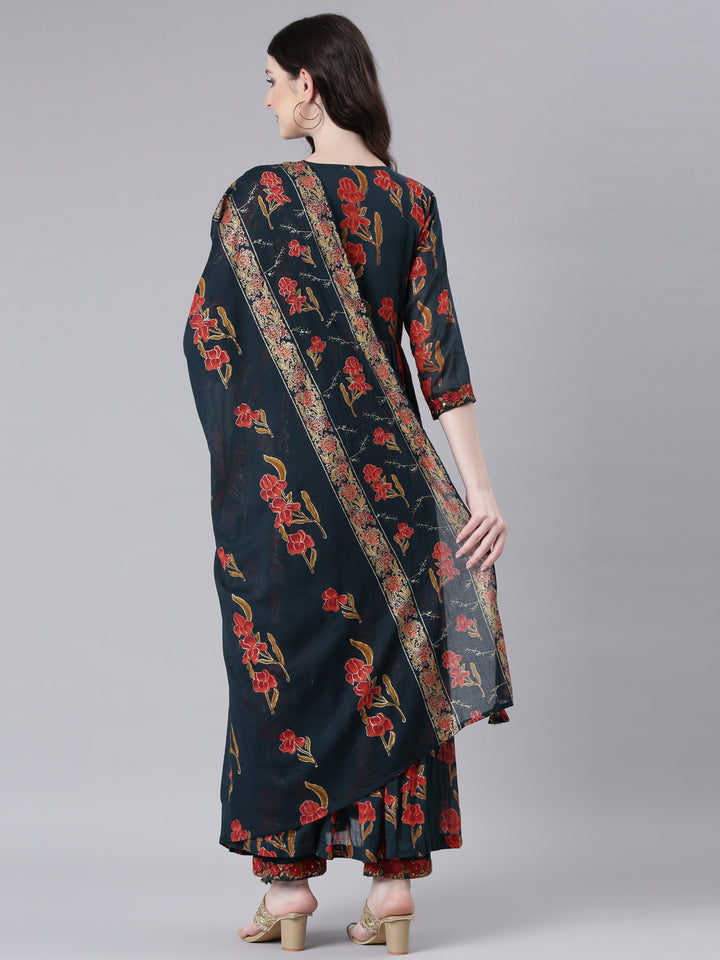 Neerus Green Printed Anarkali Kurta and Trousers With Dupatta