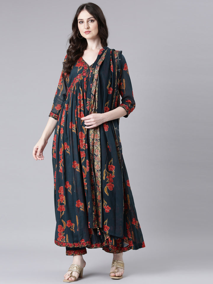 Neerus Green Printed Anarkali Kurta and Trousers With Dupatta