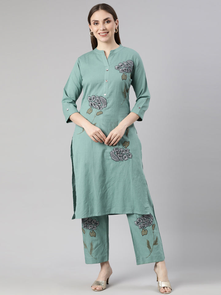 Neerus Blue floral printed kurta set - front view