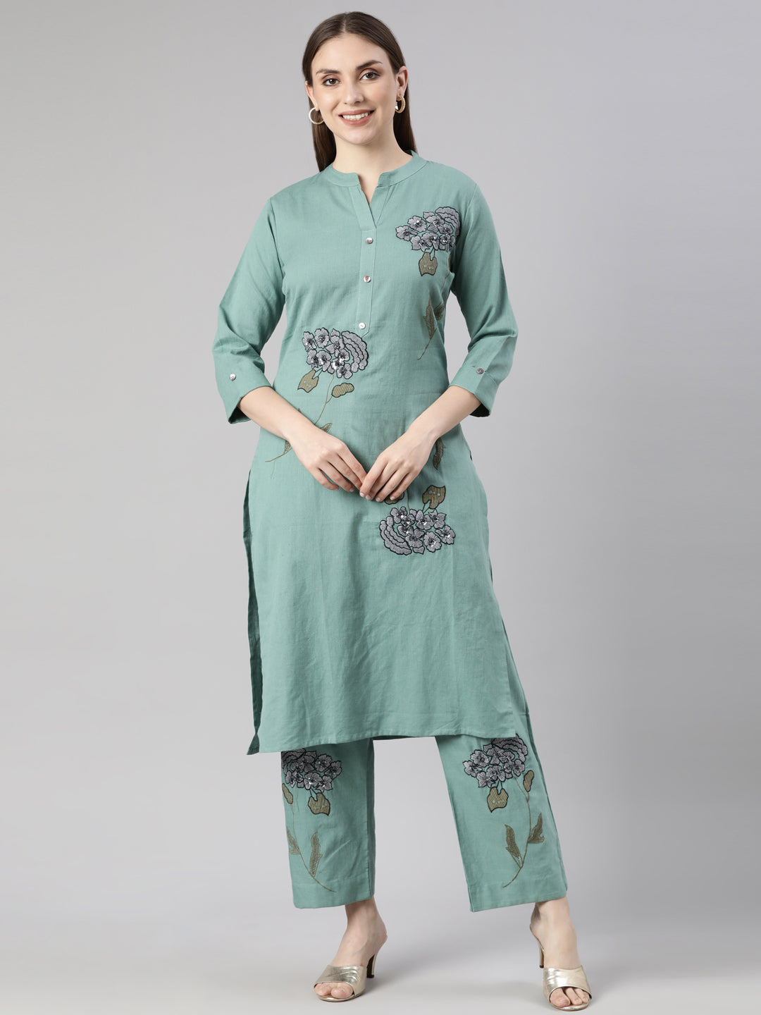Neerus Blue Regular Straight Floral Kurta And  Trousers