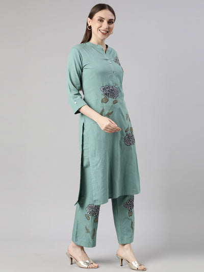 Neerus Blue Regular Straight Floral Kurta And  Trousers