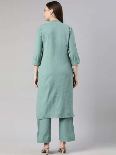 Neerus Blue Regular Straight Floral Kurta And  Trousers
