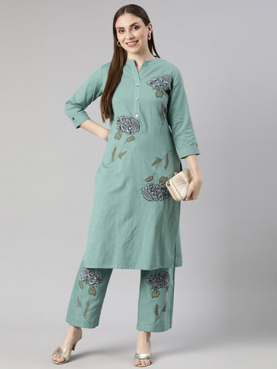 Neerus Blue Regular Straight Floral Kurta And  Trousers