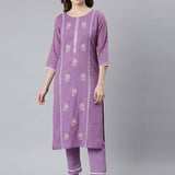 Neerus Lilac Panelled Straight Ethnic Motifs Kurta And Trousers