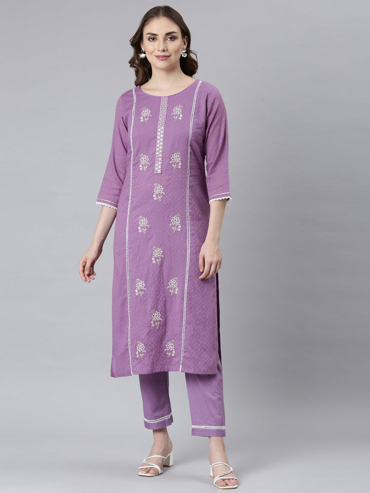 Neerus Lilac Panelled Straight Ethnic Motifs Kurta And Trousers
