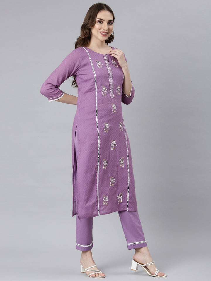 Neerus Lilac Panelled Straight Ethnic Motifs Kurta And Trousers
