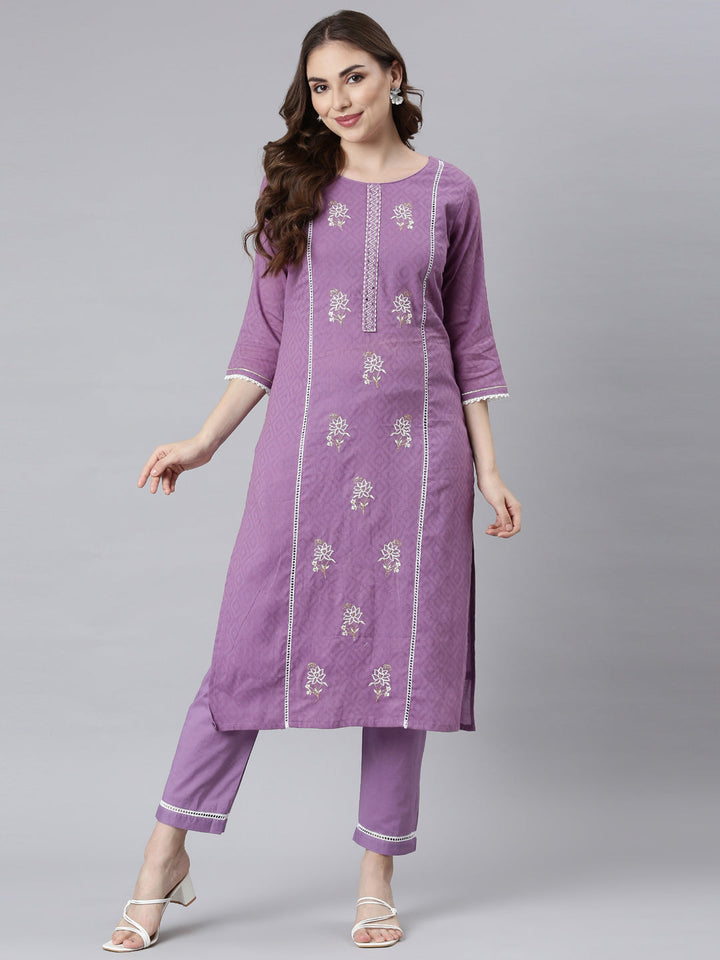 Neerus Lilac Panelled Straight Ethnic Motifs Kurta And Trousers