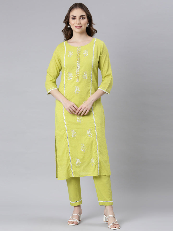 Neerus Lime Green Panelled Straight Ethnic Motifs Kurta And Trousers
